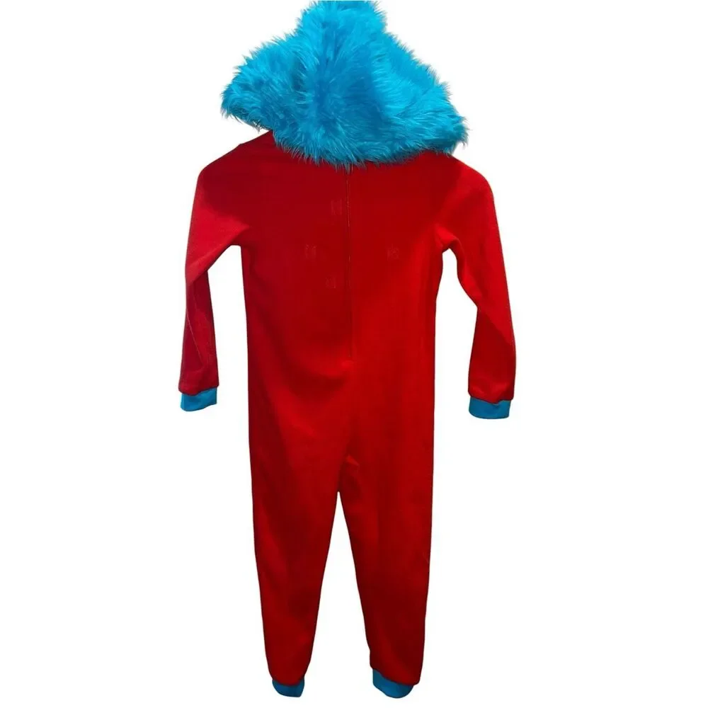 Dr. Seuss Thing 1 Kids Hooded Costume One Piece Plush Fleece Pajamas Red Blue